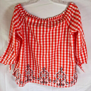 Crown & Ivy Petite Top Orange & White Gingham 3/4 tie sleeves Off Shoulder Sz PL